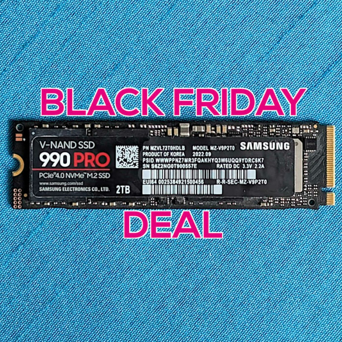 Samsung 990 Pro SSD against a blue background with the text 'Black Friday' (top) and 'Deal' (bottom) surrounding it.