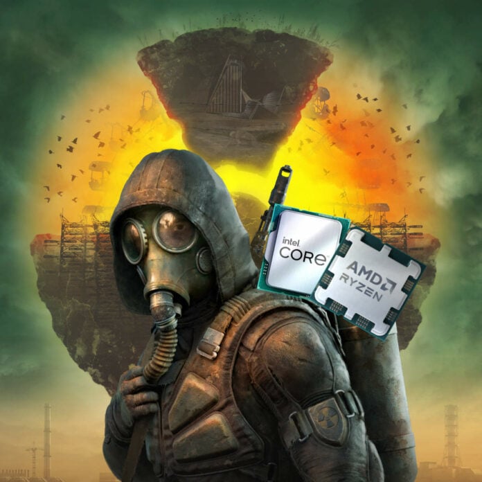 STALKER 2 key art, featuring a titular Stalker against a radioactive symbol, carrying Intel Core and AMD Ryzen processors on their back.