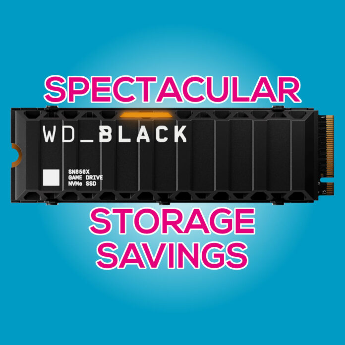 WD_Black SN850X with heatink (centre) surrounded by 'spectacular' (top) and 'storage savings' (bottom) text against a blue-white background.