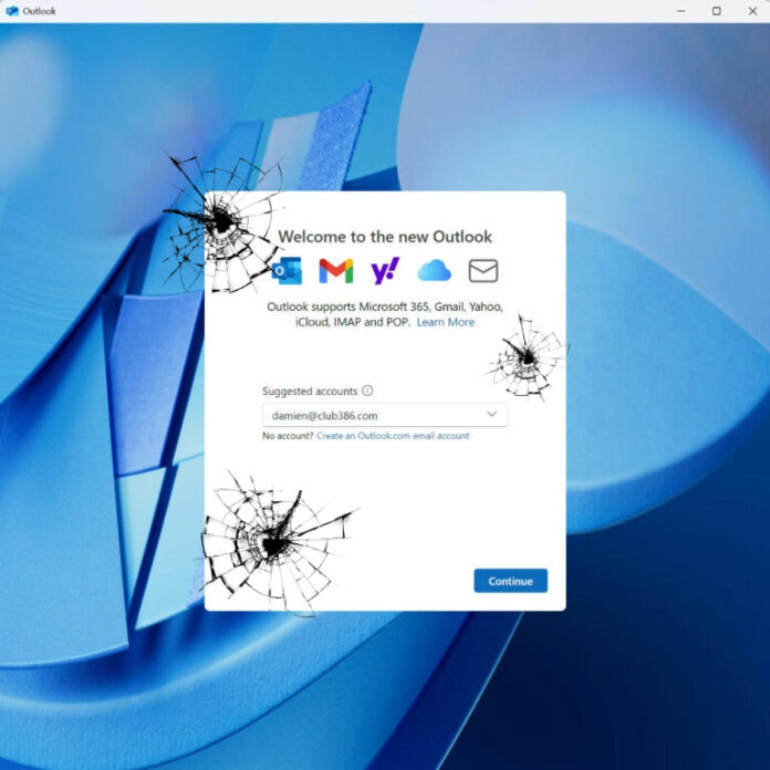 Windows New Outlook sign-in page with cracks in it.