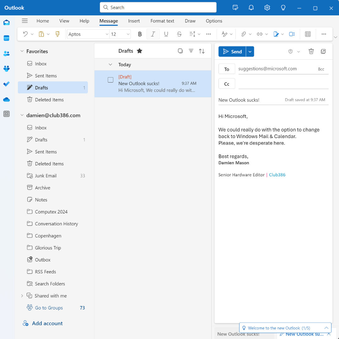 Windows New Outlook draft email.