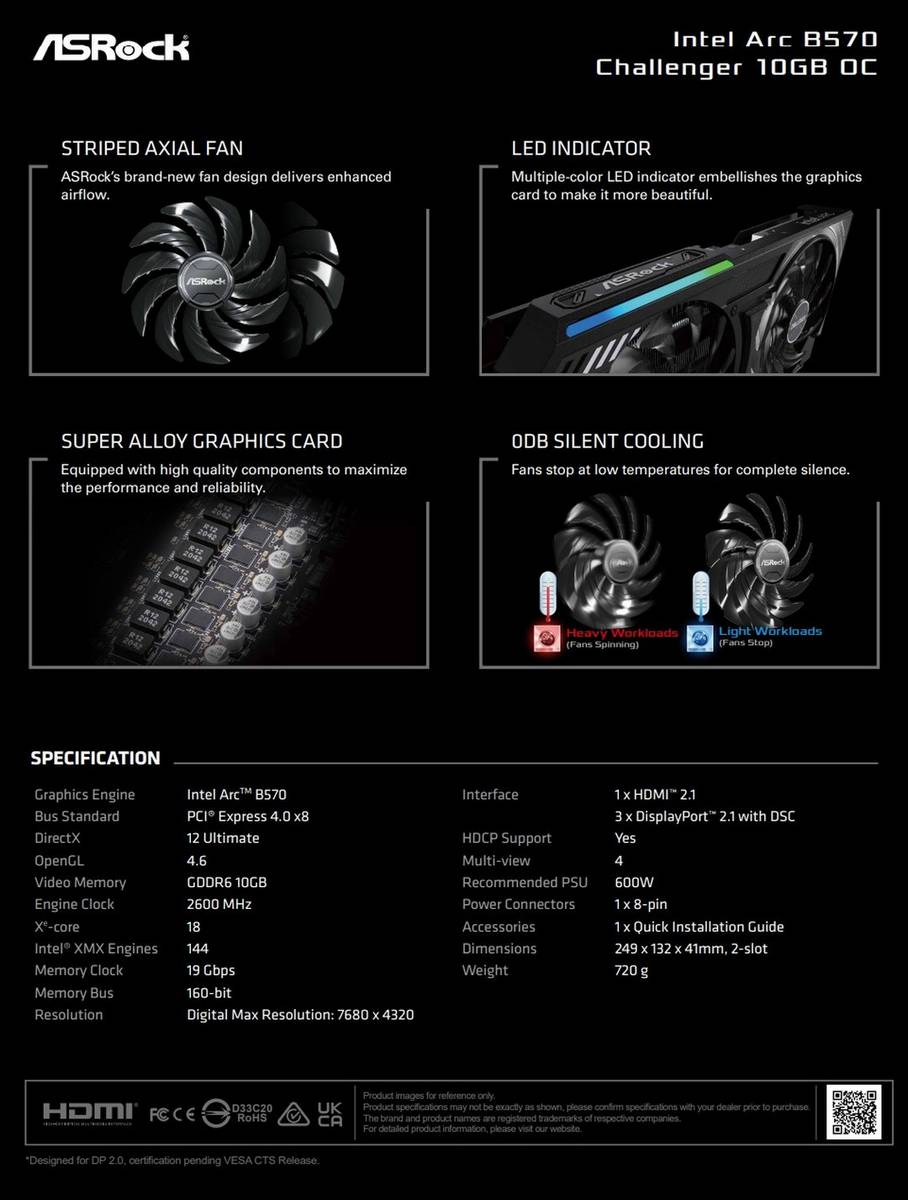 ASRock Arc B570 Challenger 10GB OC specs.