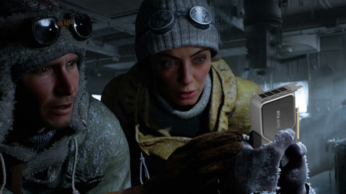 Screenshot from Indiana Jones and the Great Circle, with two protagonists (left) looking at a pair of frozen hands holding a GeForce RTX graphics card (right).