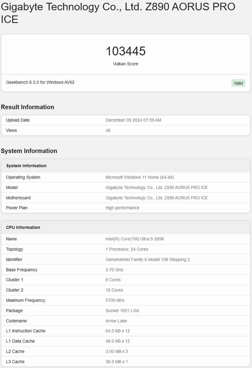 Intel Arc B580 Geekbench Vulkan result.