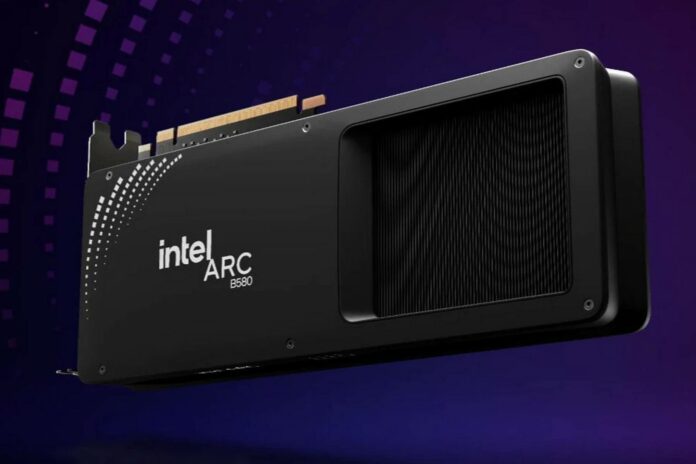 Intel Arc B580 Limited Edition graphics card floating against a purple backdrop.