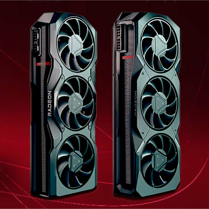 Two AMD Radeon RX 7000 series reference graphics cards stand vertically against a red background.