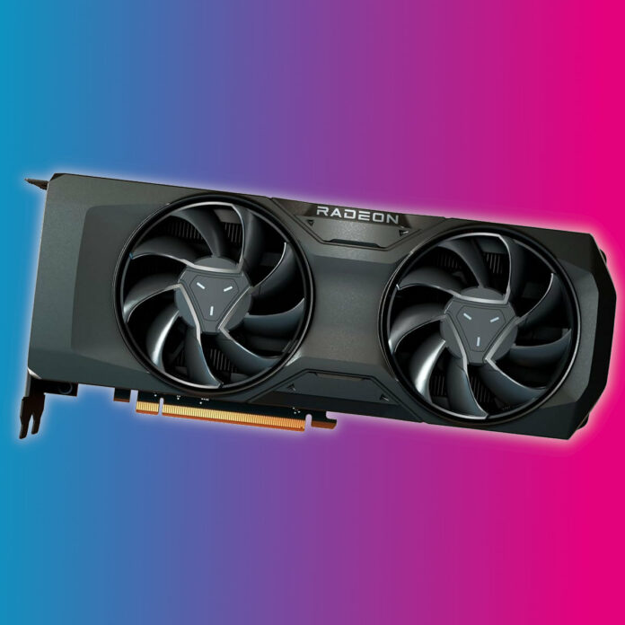 A Radeon reference graphics card, with a small white glow surrounding it, against a blue-pink background.