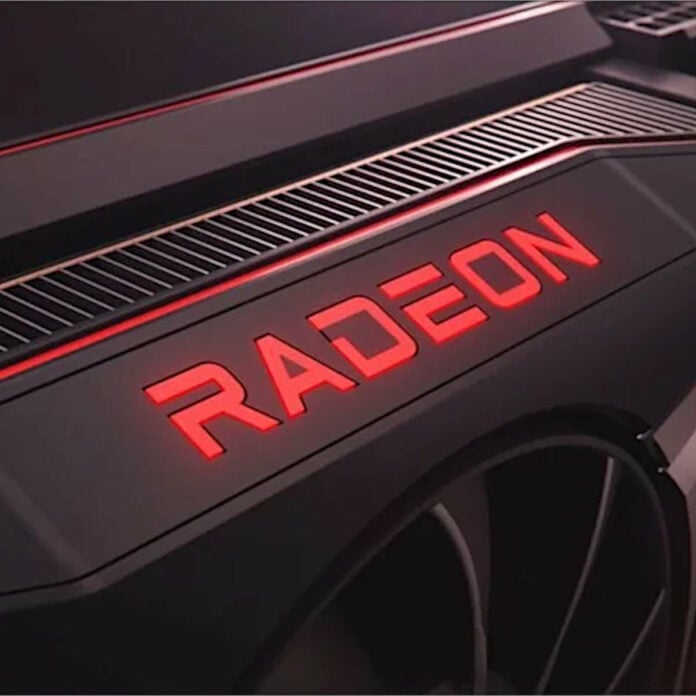 A close up of a red Radeon logo atop a graphics card.