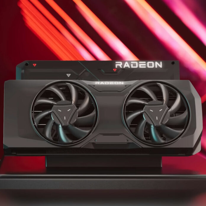 AMD Radeon RX graphics card with a reference cooler design, showcasing its dual fans, against a red backdrop.