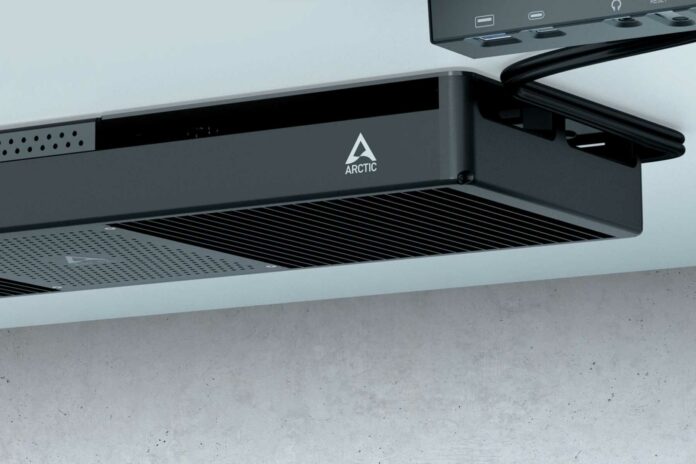 Arctic Senza under-desk PC mounted to a table.