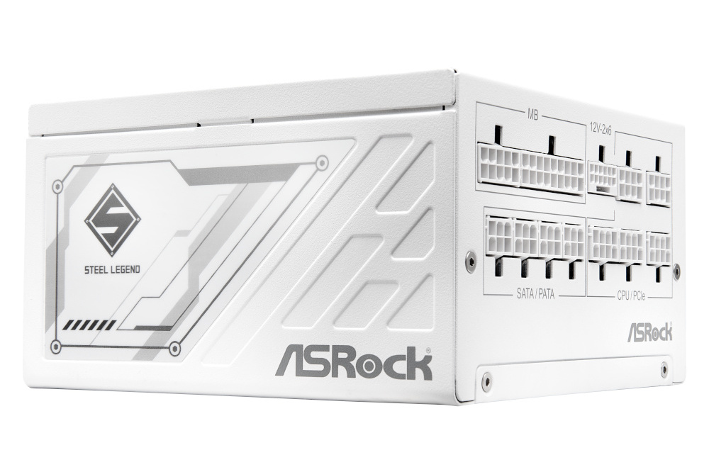 An ASRock Steel Legend (White) power supply, with a view focussing on its side/ports.