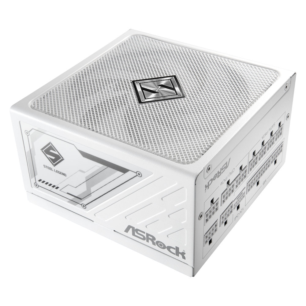 An ASRock Steel Legend (White) power supply, with a view focussing on its fan.