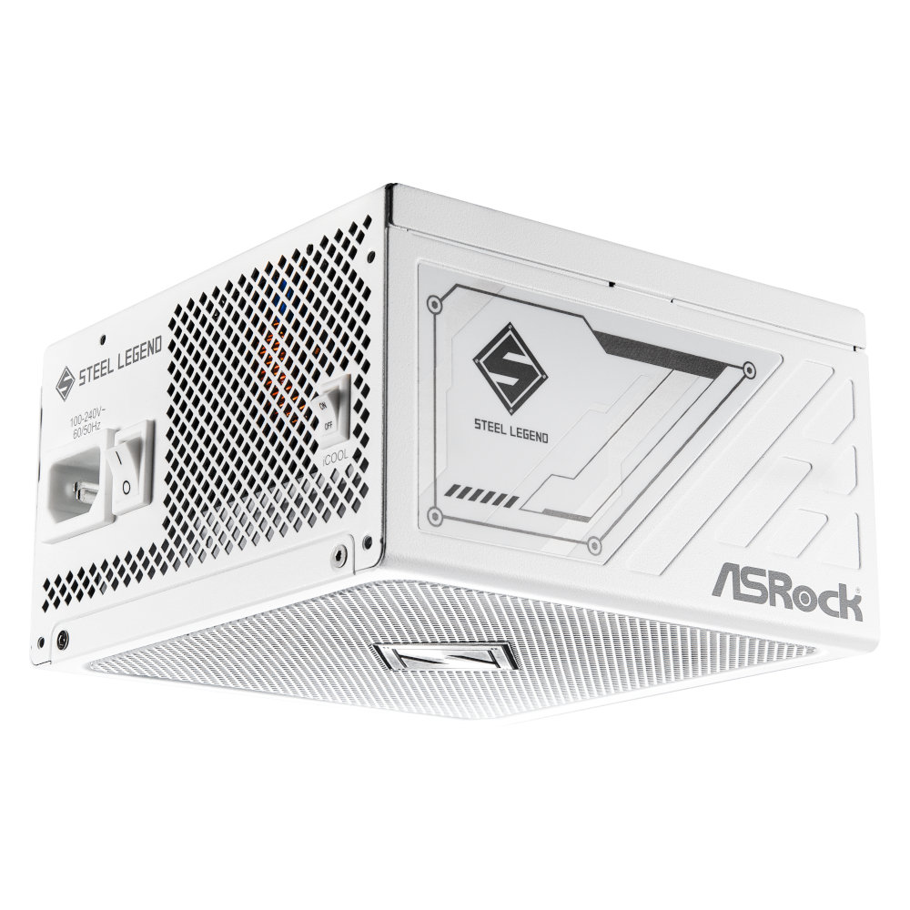 An ASRock Steel Legend (White) power supply, with a view focussing on its side/rear.