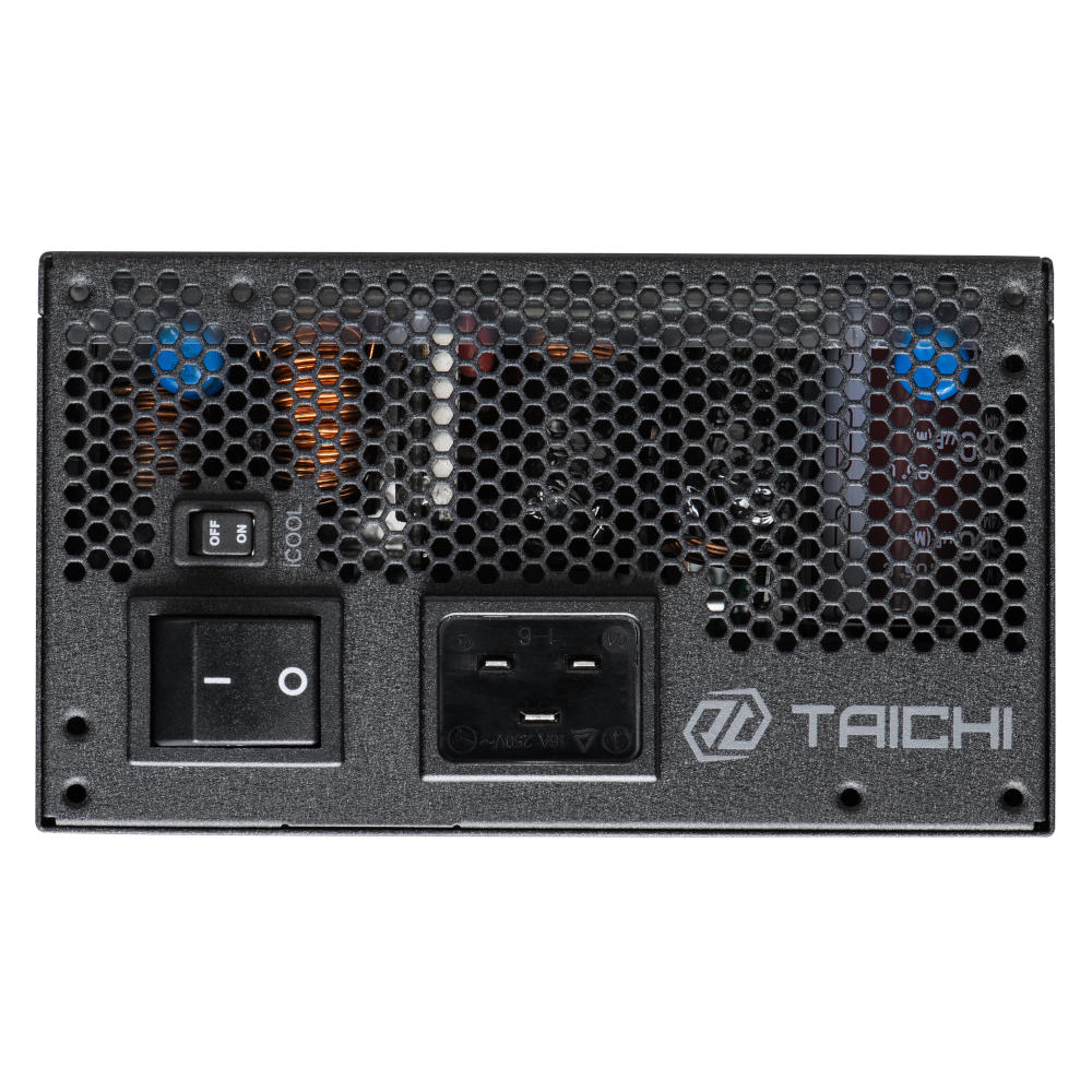 An ASRock Taichi power supply, with a view focussing on its rear.