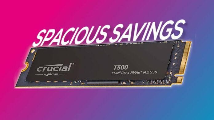 Crucial T500 SSD against a two-tone pink and blue background, with 'spacious savings' written above it.