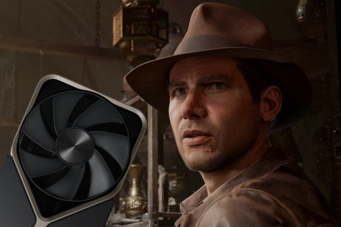 Indiana Jones (right) faces towards the camera, with an Nvidia GeForce RTX 40 Series Founders Edition to his left.