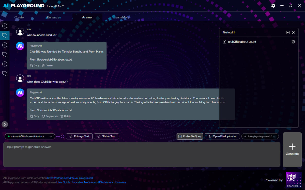 Screenshot from Intel AI Playground, in which a chatbot is asked queries from a file.