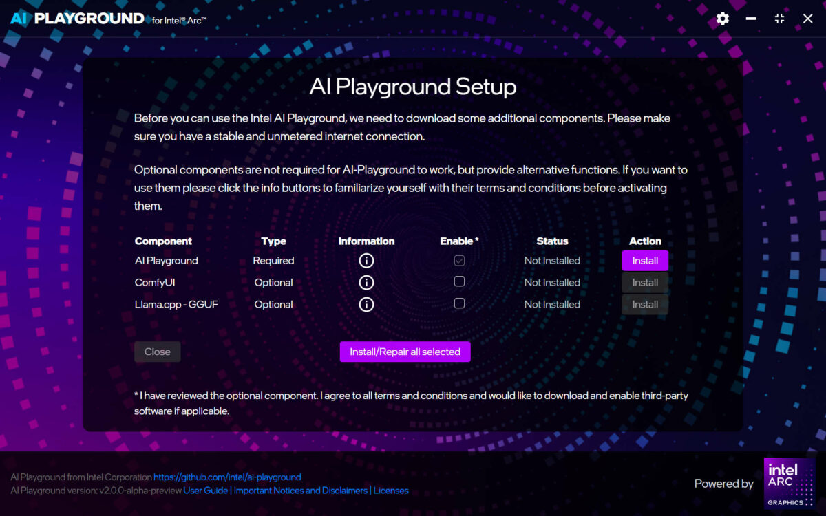 Setup screen for Intel AI Playground.