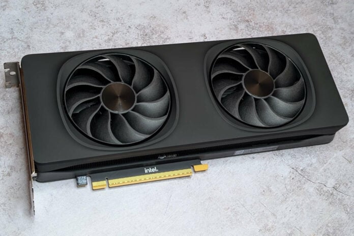 Intel Arc B580 Limited Edition graphics card, showcasing its dual-fan cooler design.