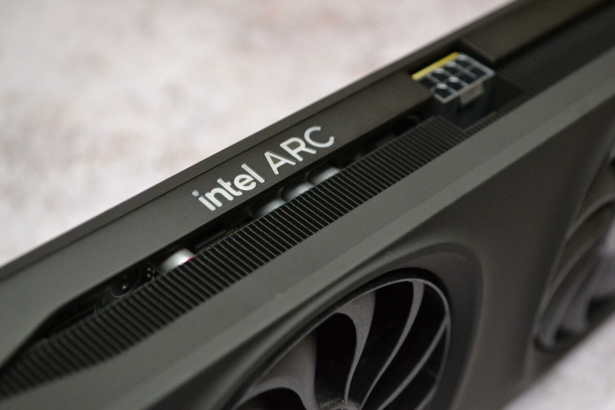 Side view of Intel Arc B580 Limited Edition, focusing on its LED and PCIe header.