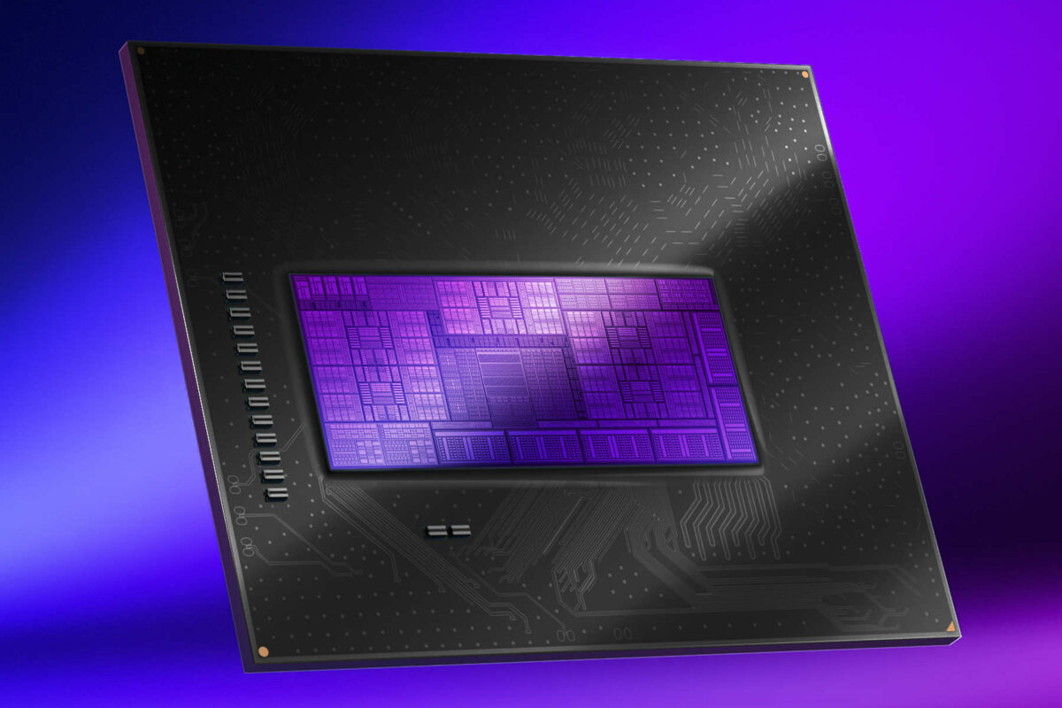 Render of BMG-G21 GPU, coloured purple, against a purple background.