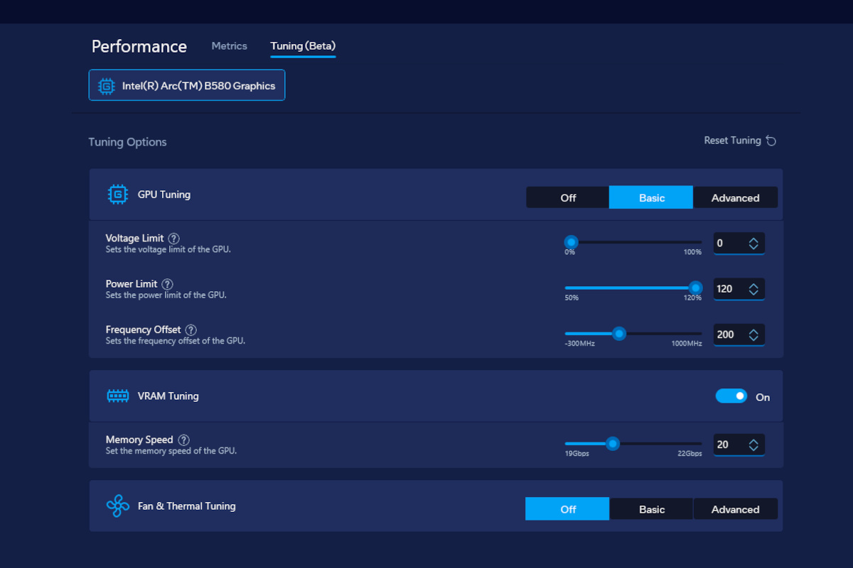 Screenshot of Intel Graphics Software, featuring increased power limits of 120%, a GPU offset of 200MHz, and memory running at 20Gbps.