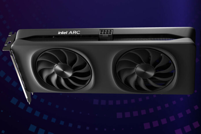 Intel Arc B580 Limited Edition graphics card, floats against a purple backdrop.