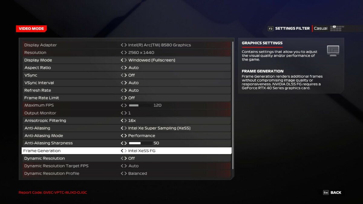 Screenshot from F1 24 settings menu, highlighting the 'Frame Generation' option which is set to 'Intel XeSS FG'.