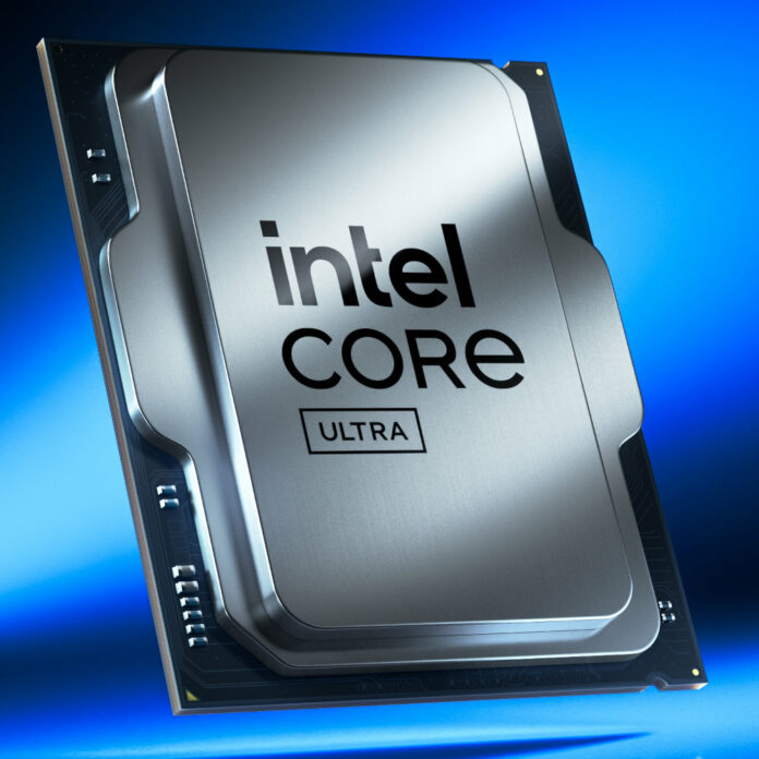 Intel Core Ultra 200S processor, floating against a blue backdrop.