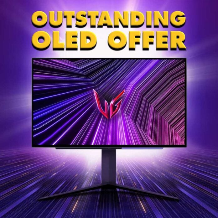 LG 27GS95QE-B gaming monitor with Outstanding OLED Offer written above it.