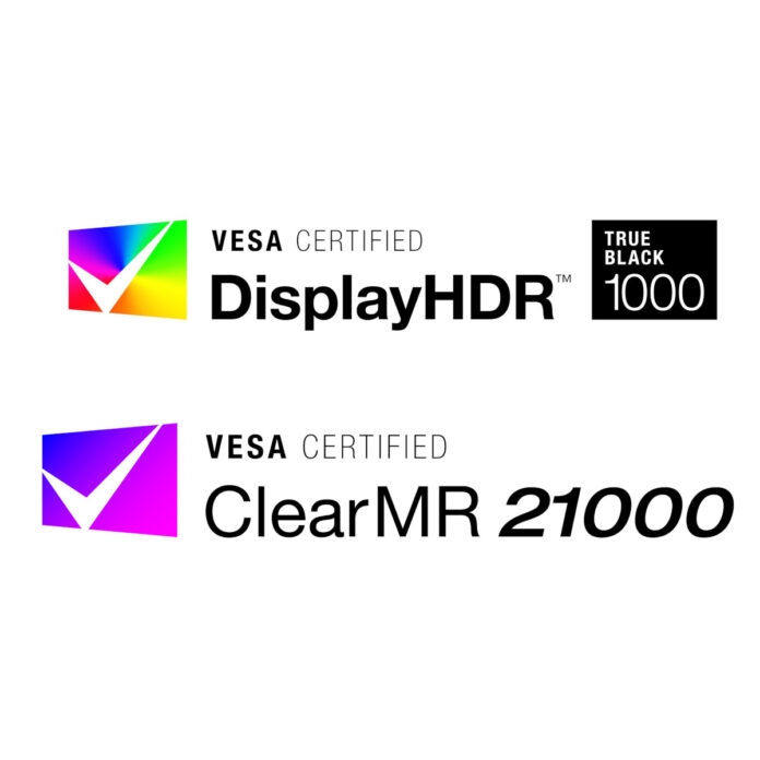 Logos for VESA Certified DisplayHDR True Black 1000 (top) and VESA Certified ClearMR 21000 (bottom) against a white background.