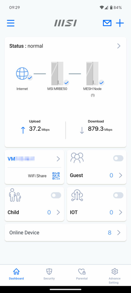 Screenshot of MSI Roamii mobile dashboard.