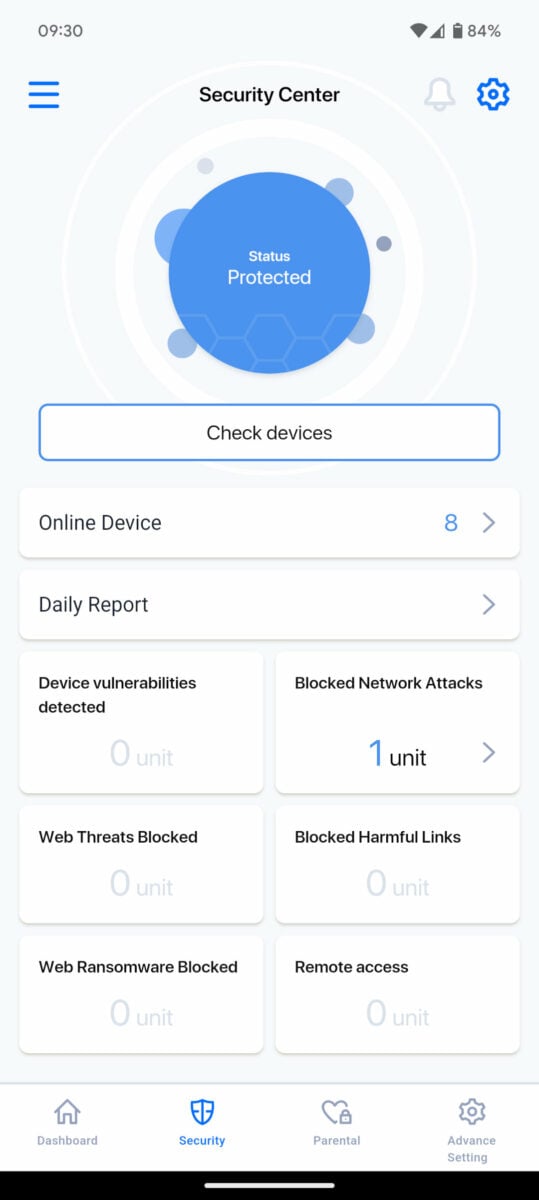 Screenshot of MSI Roamii mobile security controls.