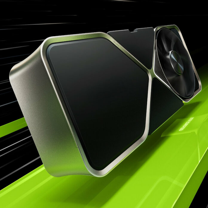 An Nvidia GeForce RTX Founders Edition graphcis card, floating atop a green surface.