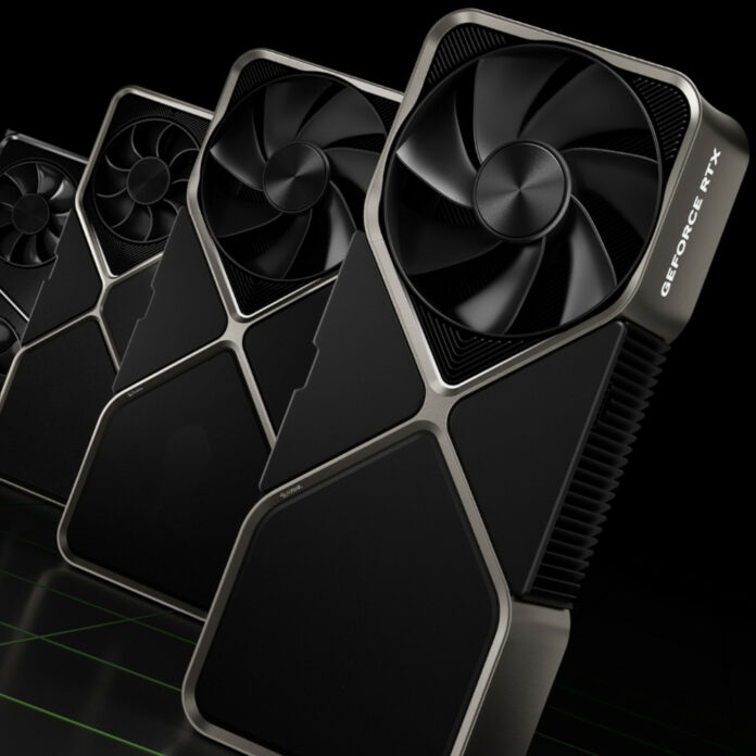 GeForce RTX Founders Edition graphics cards stand vertically, tilted towards the right, against a black background.