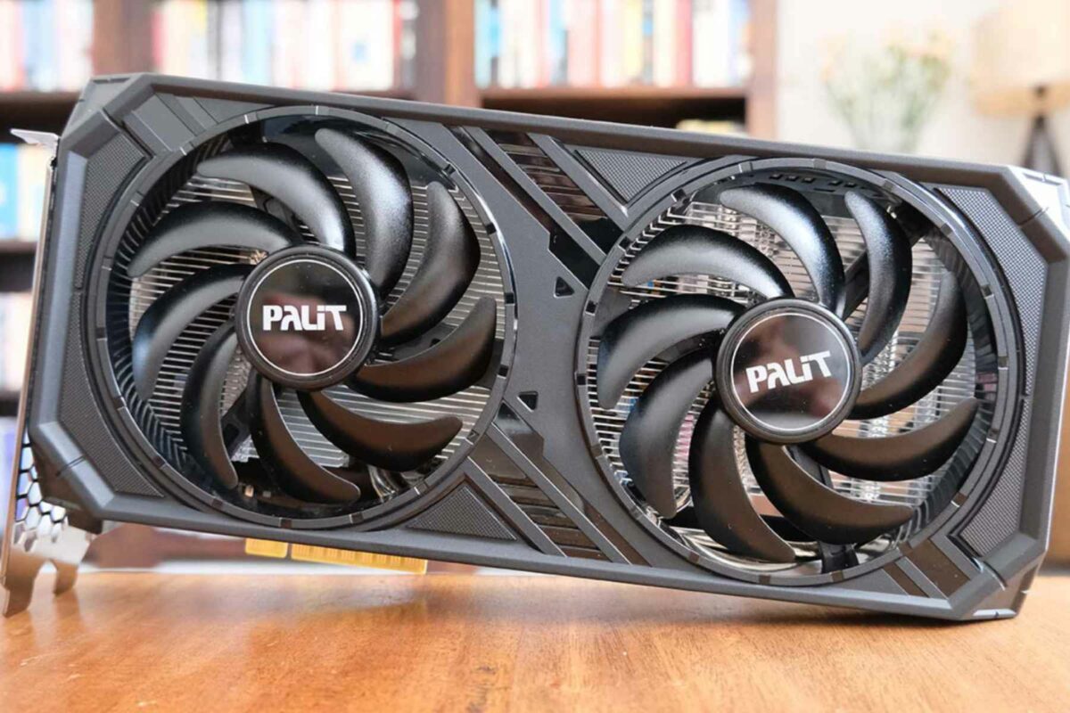 Palit GeForce RTX 4060 Dual graphics card standing on its frame.