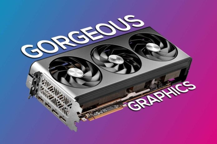 Sapphire Radeon RX 7700 XT against a pink and blue background.