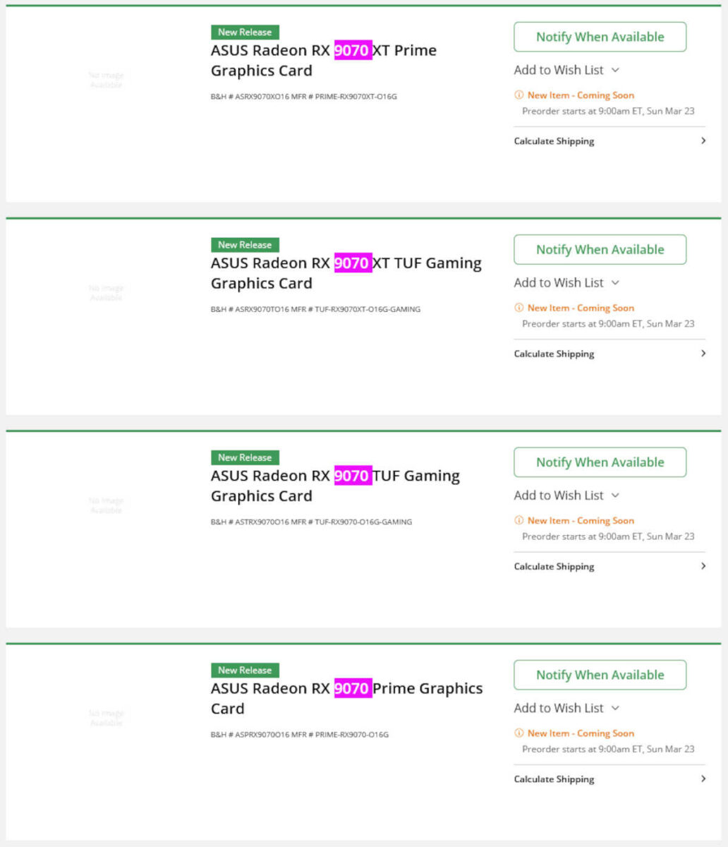 AMD Radeon RX 9070 graphics cards' listings.