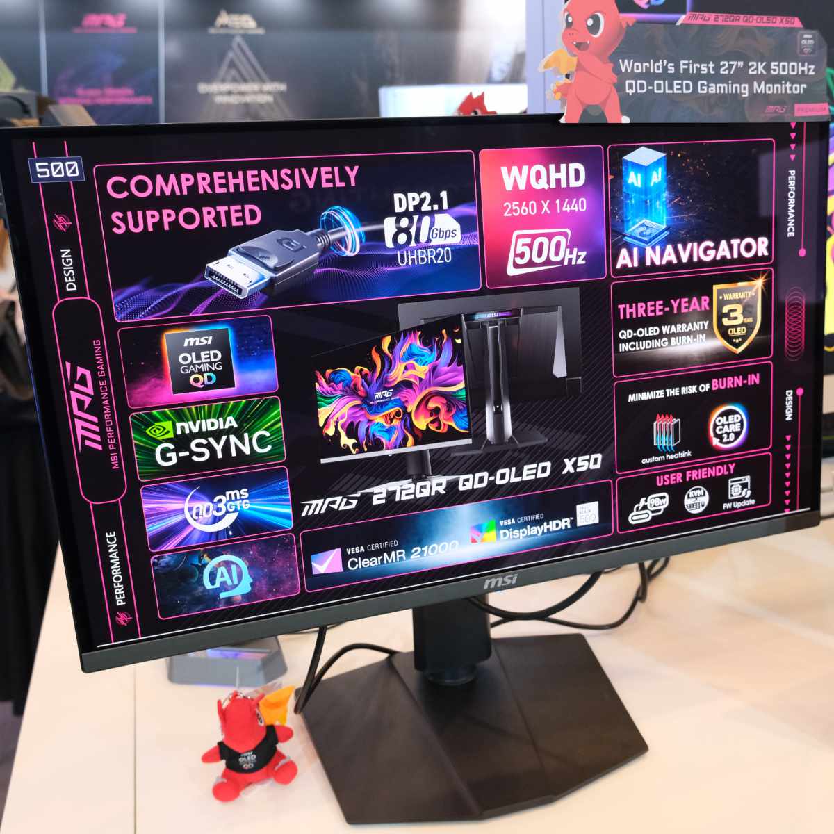 MSI MPG 272QR 500Hz QD-OLED gaming monitor on the CES showfloor.