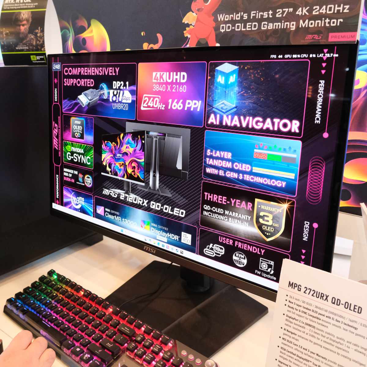 MSI MPG 272URX 240Hz QD-OLED gaming monitor on the CES showfloor.