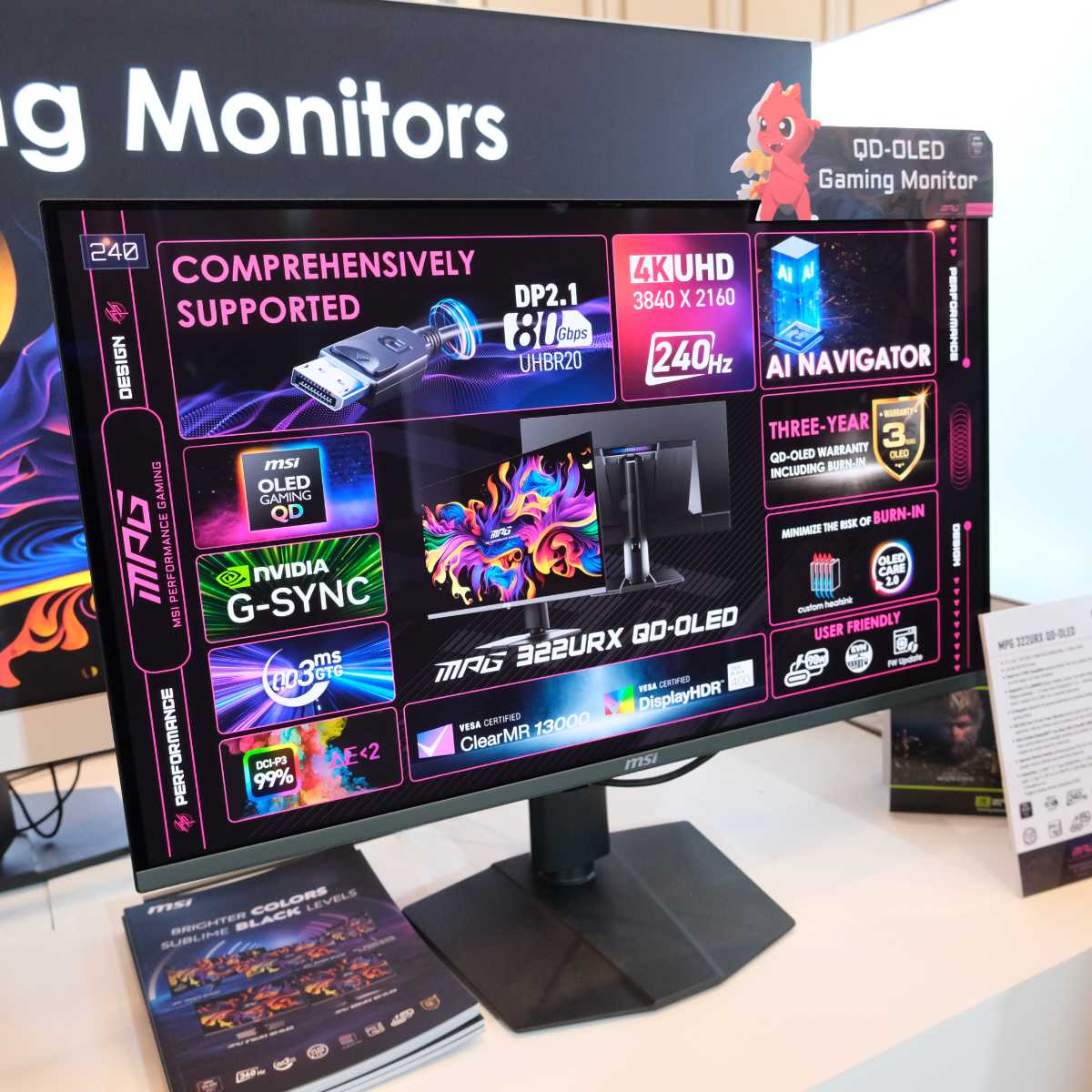 MSI MPG 322URX QD-OLED gaming monitor on the CES showfloor.