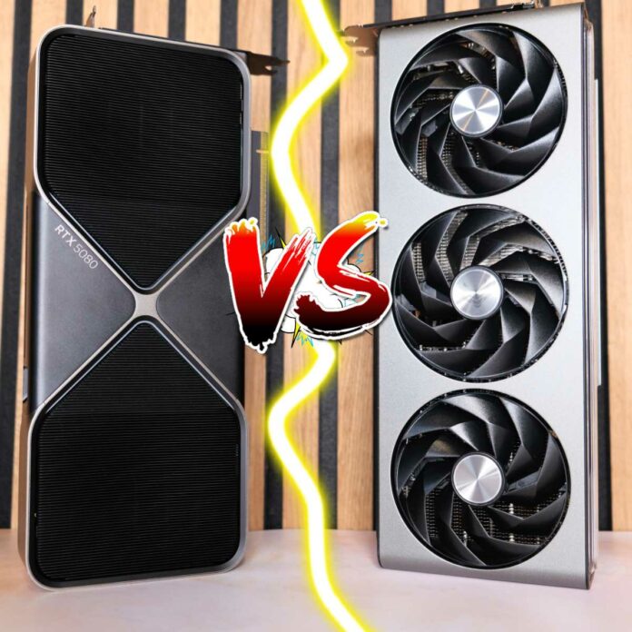 Nvidia GeForce RTX 5080 to the left versus AMD Radeon RX 7900 XTX to the right.