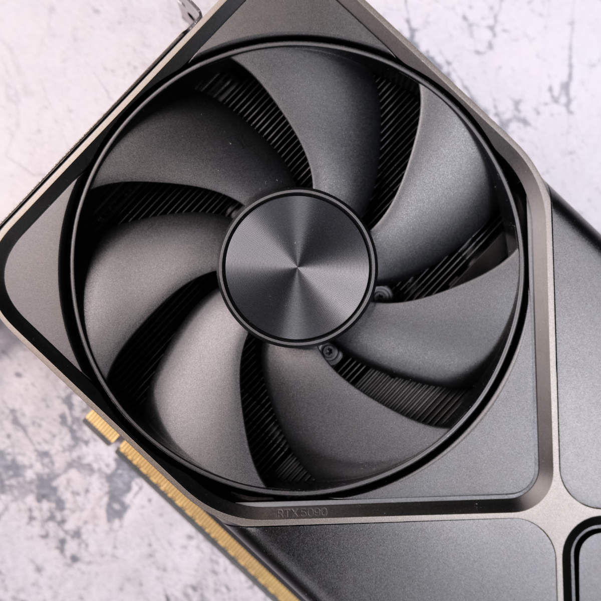 Nvidia GeForce RTX 5090 Founders Edition fan close-up.