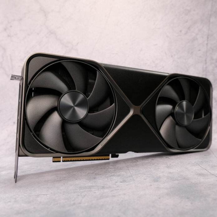 Nvidia GeForce RTX 5090 Founders Edition propped up on its port bracket.