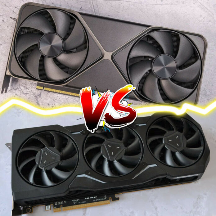 Nvidia GeForce RTX 5090 Founders Edition graphics card on top, with a versus symbol in between and AMD Radeon RX 7900 XTX below.