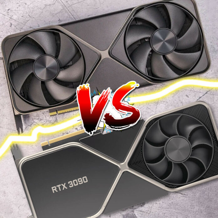 A Nvidia GeForce RTX 5090 graphics on top and RTX 3090 on the bottom, with a versus symbol between them.