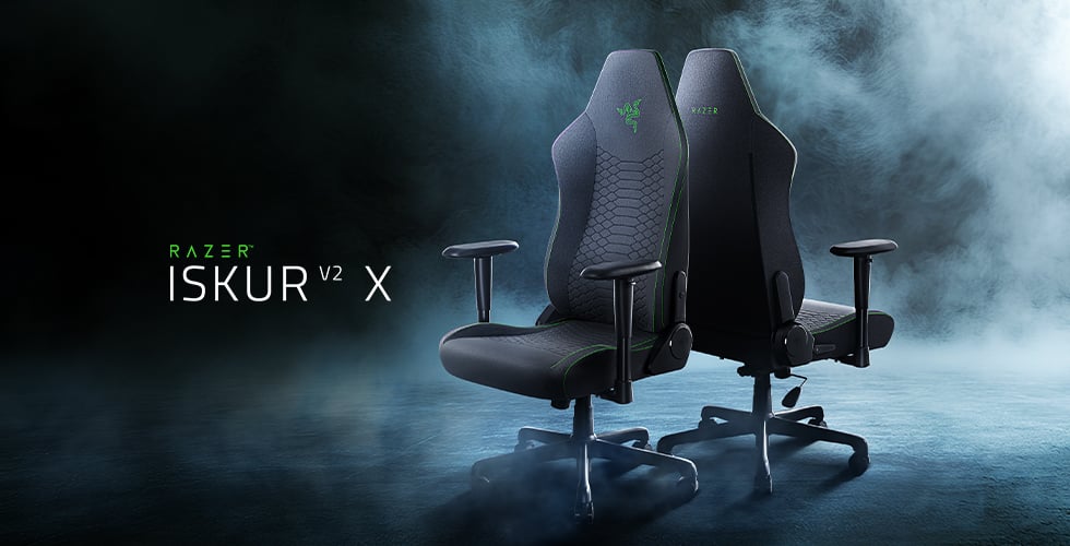 Razer Iskur V2 X gaming chair, front and back.