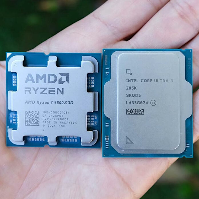 AMD Ryzen 7 9800X3D (left) and Intel Core Ultra 9 285K (right) held in the palm of an open hand.