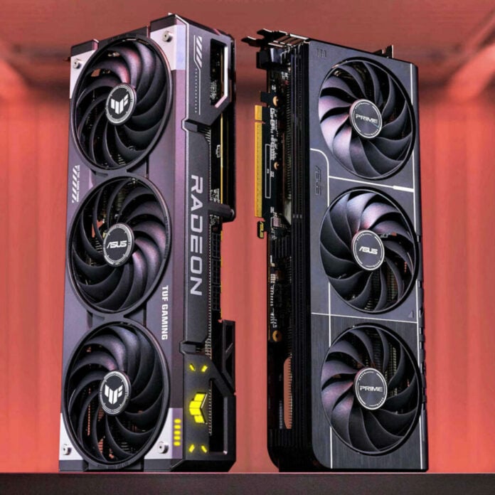 Radeon RX 9070 Series graphics cards, standing upright.