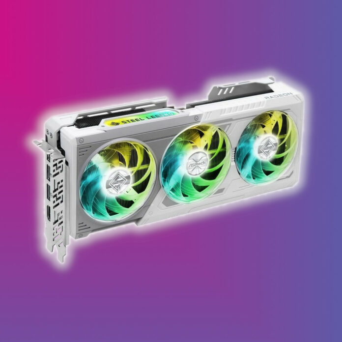 ASRock Steel Legend Radeon RX 9070 Series graphics card, surrounded in a white glow, against a pink-blue background.